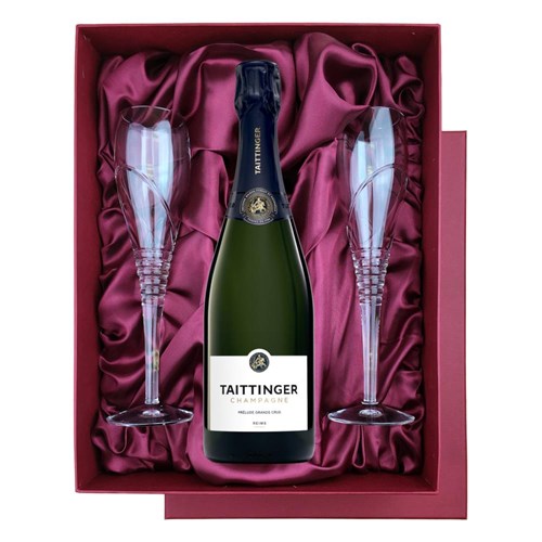 Taittinger Prelude Grands Crus 75cl in Red Luxury Presentation Set With Flutes